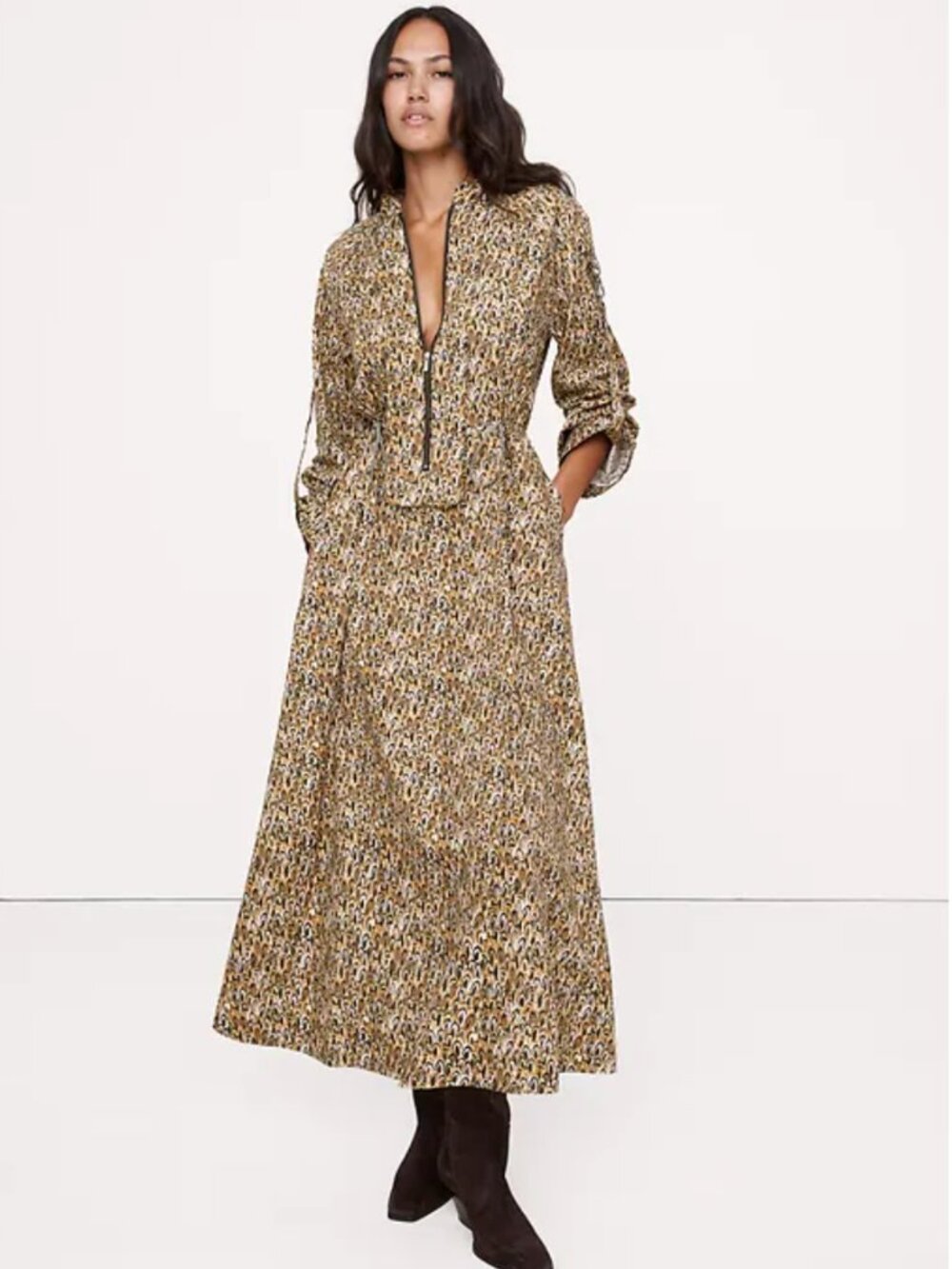 Banana Republic Cotton Utility Zip Maxi Dress (S) in Green Camo Feathers